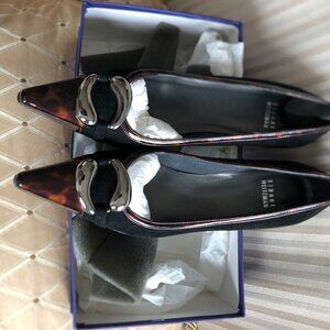 Stuart Weitzman Black suede heels,patent leather trim Gunmetal accent 7.5,NIB